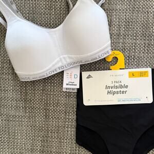 PRIMARK NWT 2 Wireless Crop Top Lounge  Bras 30D & 3 Invisible Hipster Briefs L
